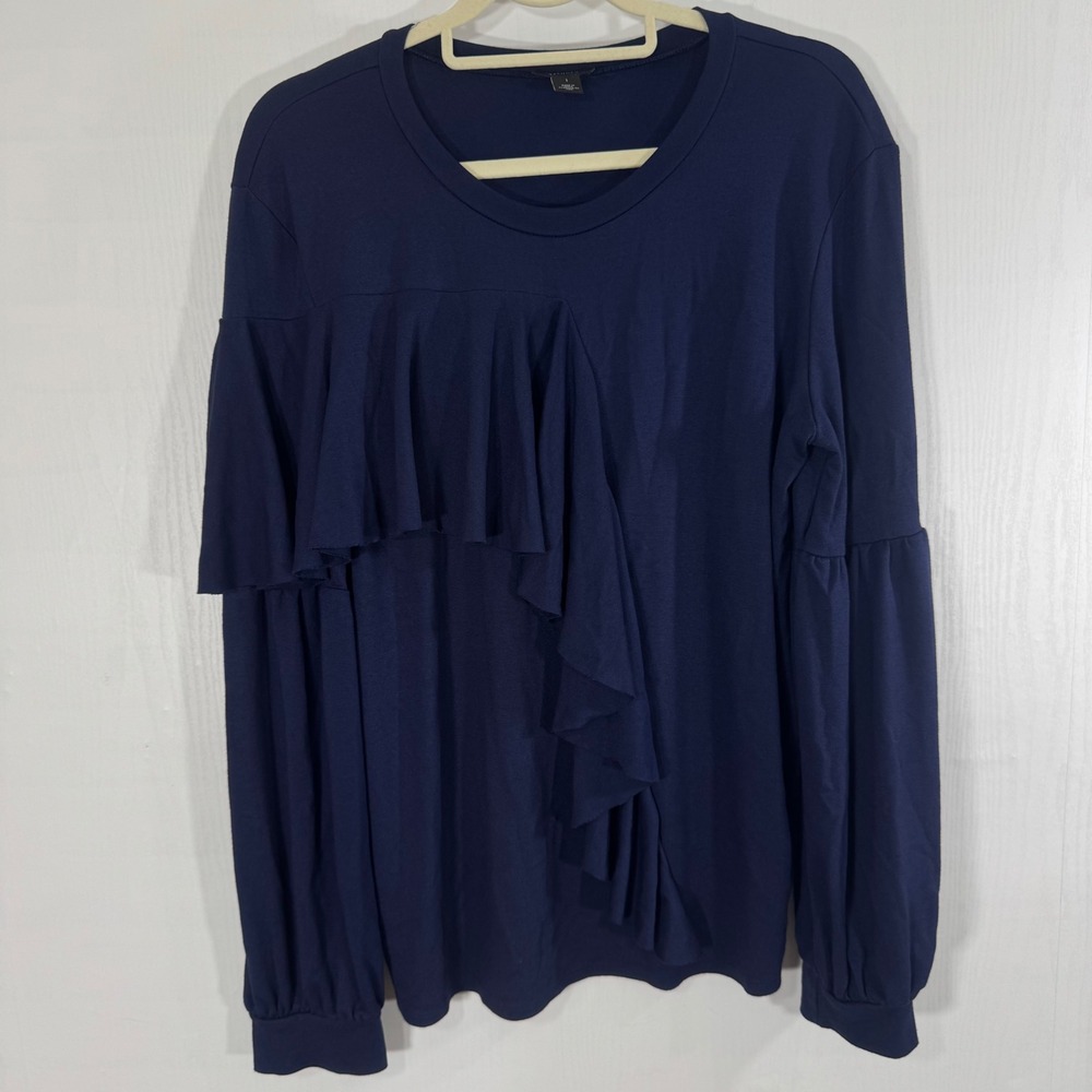 Halogen Ruffle Trim Blouse Top Size L Long Sleeve Navy Blue Women